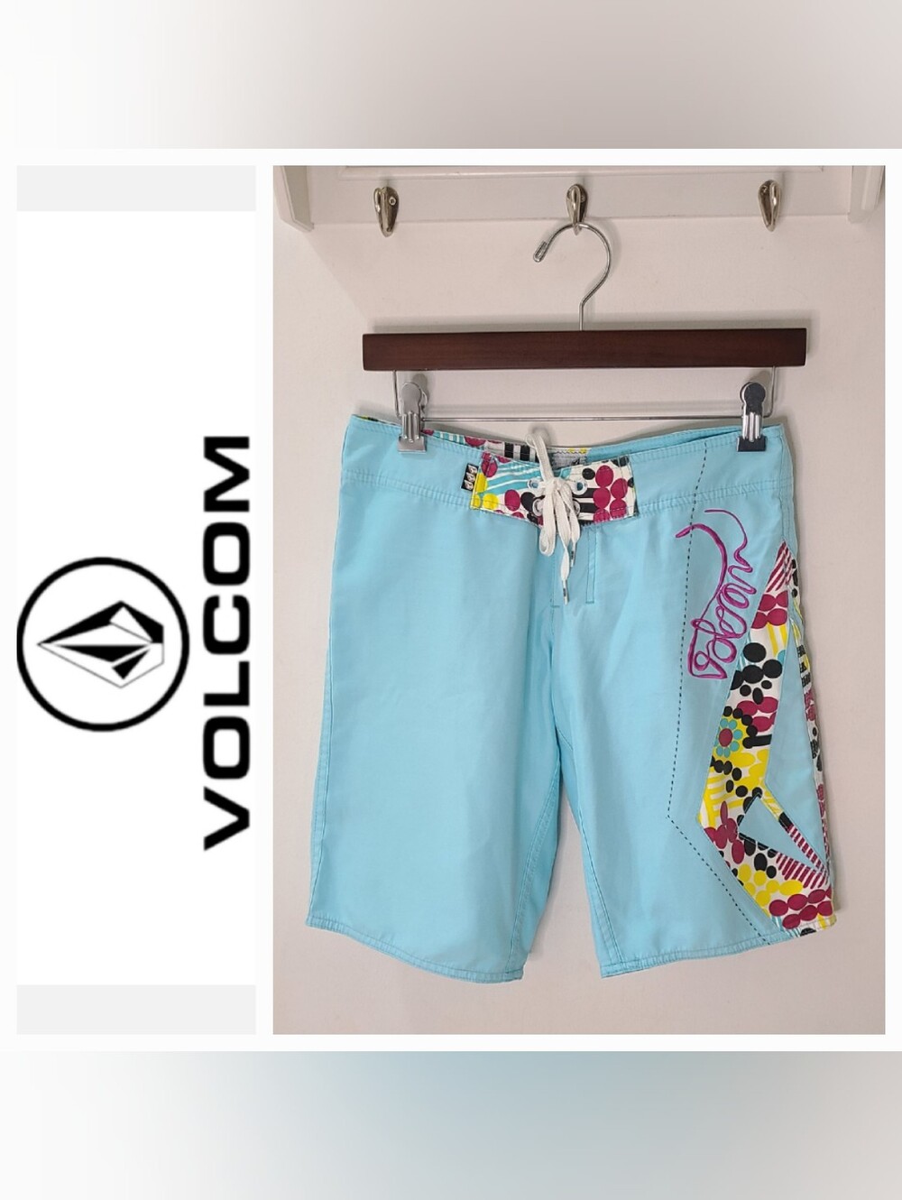 Vintage Y2K Volcom Miss Mod Board Shorts Aqua Blue Floral Juniors Size 1